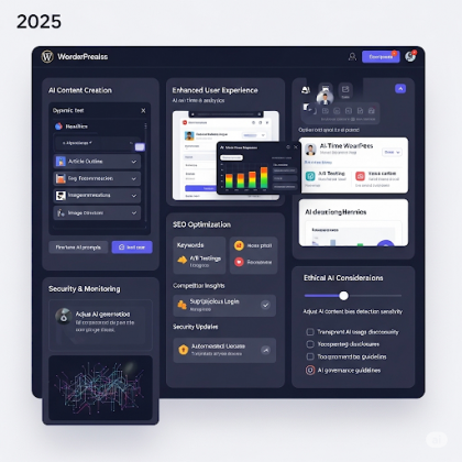 Une interface d'application web interactive pour WordPress en 2025, présentant des fonctionnalités d'IA pour la création de contenu, l'expérience utilisateur, le SEO, la sécurité et les considérations éthiques.
